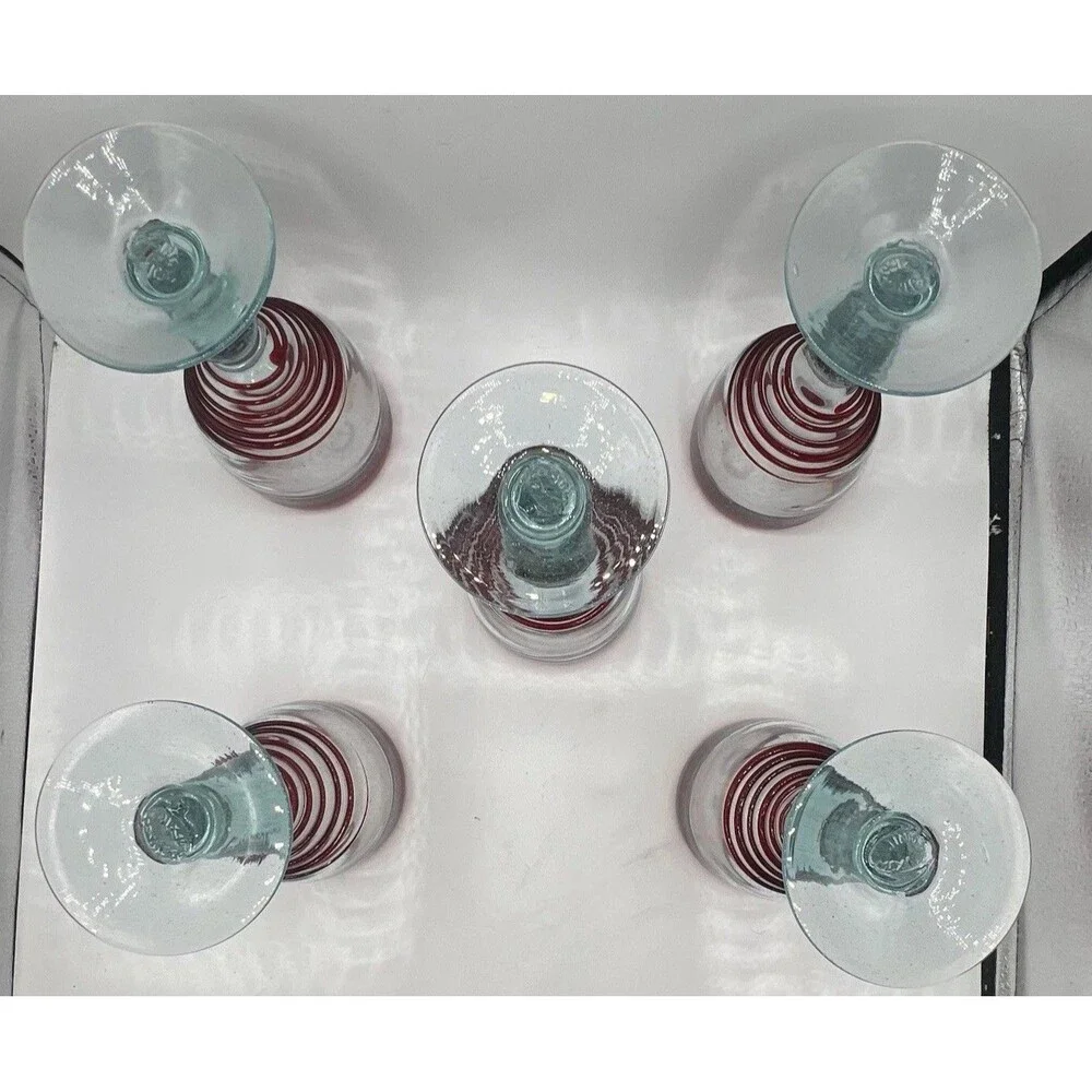 Mexican Hand Blown Art Glass Wine Goblets Set of 5 Red Rim Aqua Stem Swirl